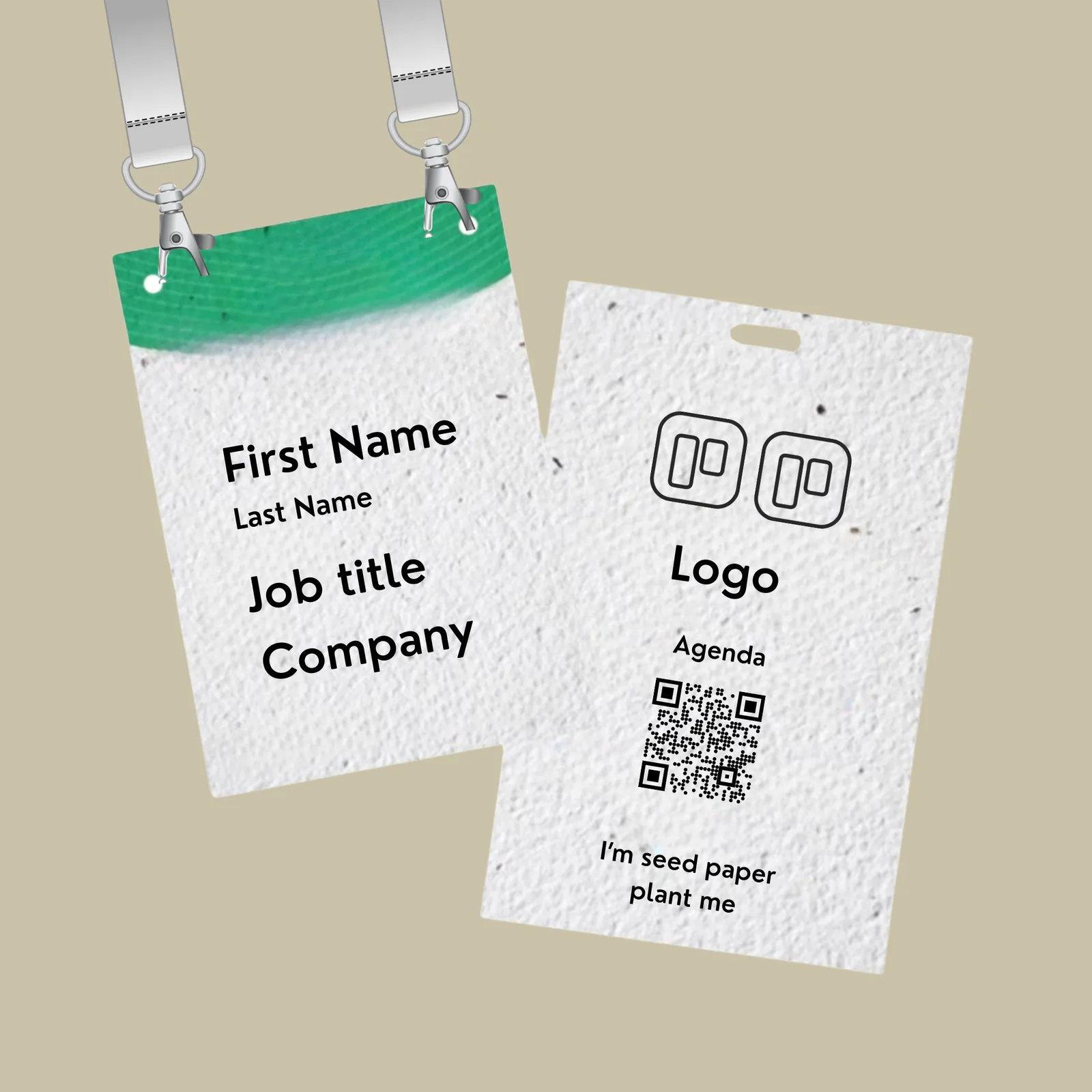 Custom lanyards with plantable seed-paper name cards