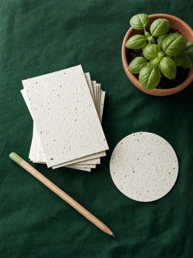 Seed-paper business cards, a coaster and a BĪJ pencil on green linen with a pot of basil
