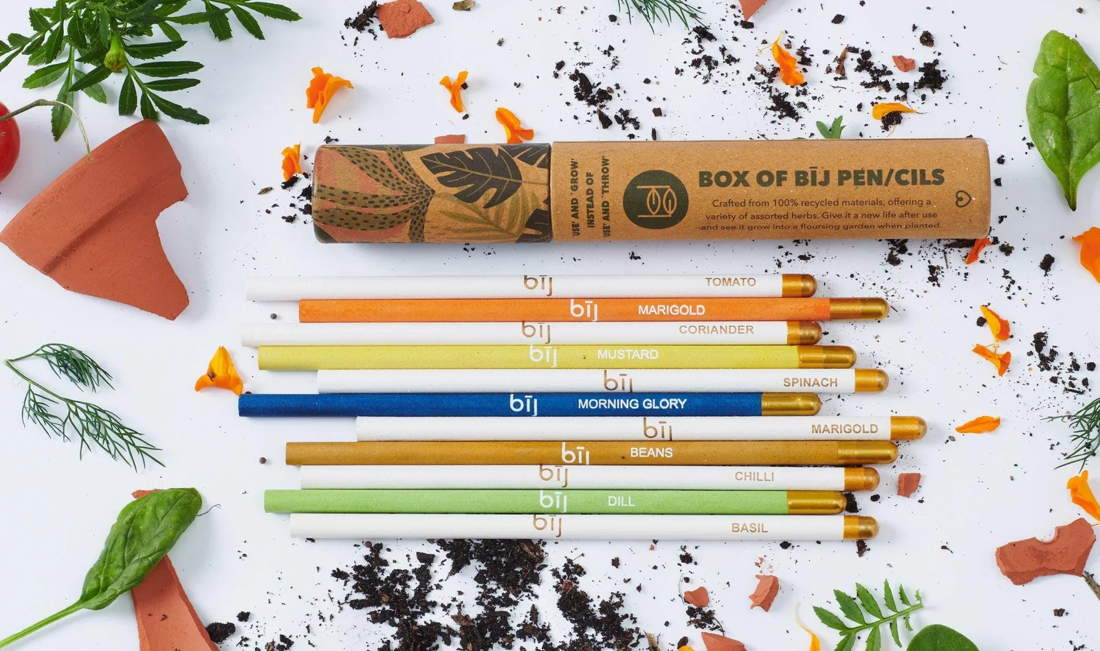Box of BĪJ plantable pencils with seed capsules in different colours